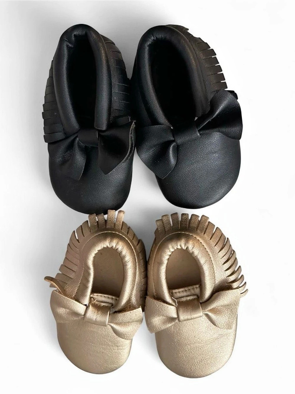 Lot of 2 Pairs Baby Girl Moccasins Metallic Gold & Black Soft Sole Bow Crib Shoe